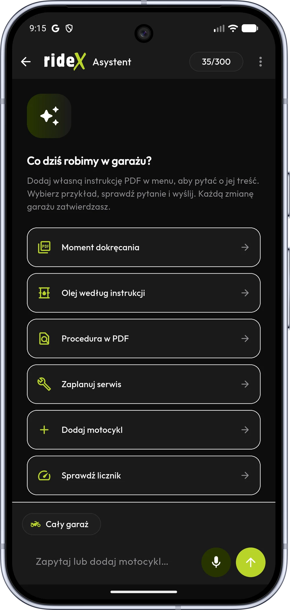Ekran startowy AI z przykładowymi pytaniami i działaniami garażu