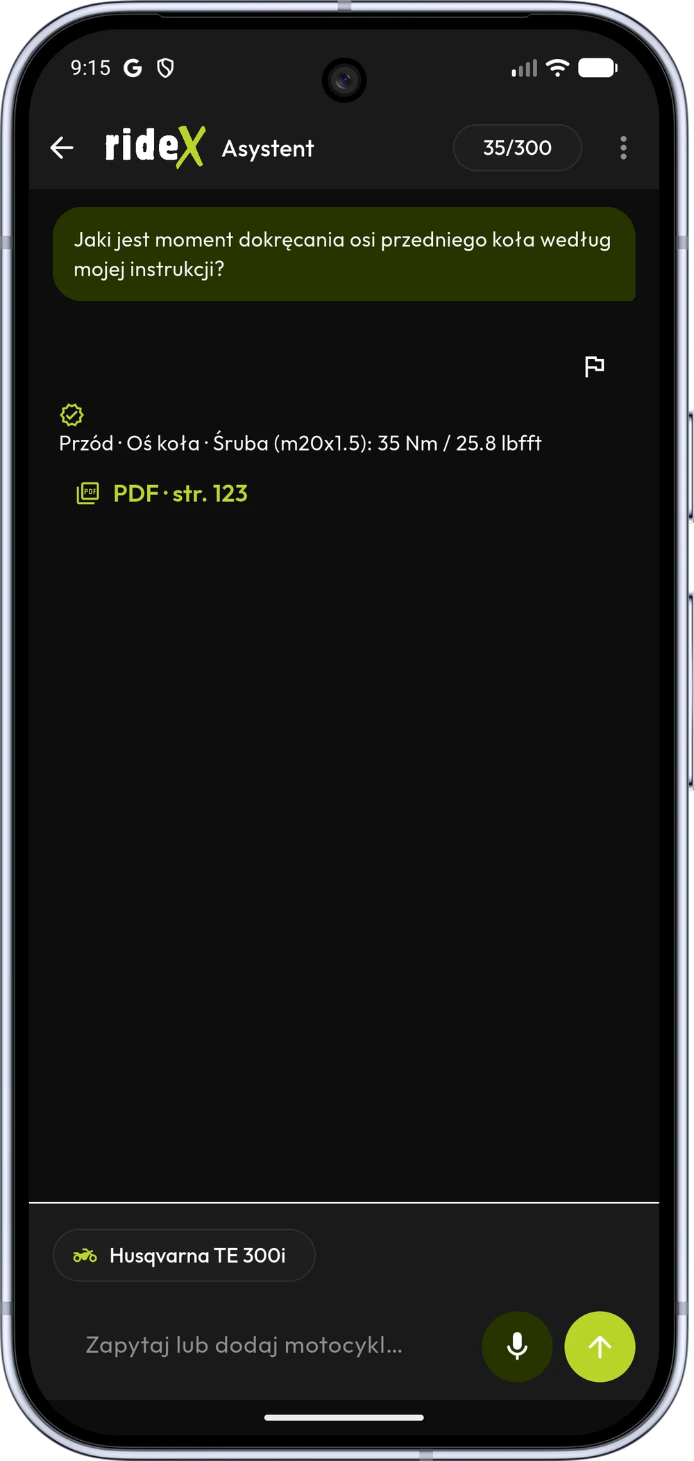 Czat AI z momentem dokręcania przedniej osi i źródłem PDF
