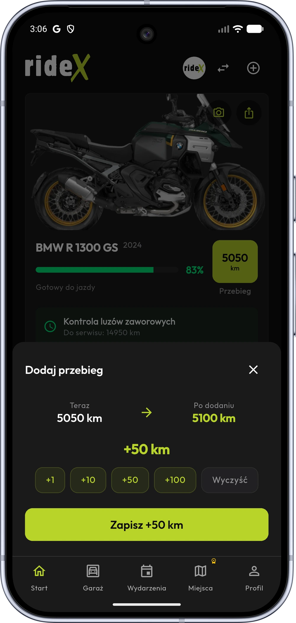 Odczyt kilometrów w aplikacji rideX