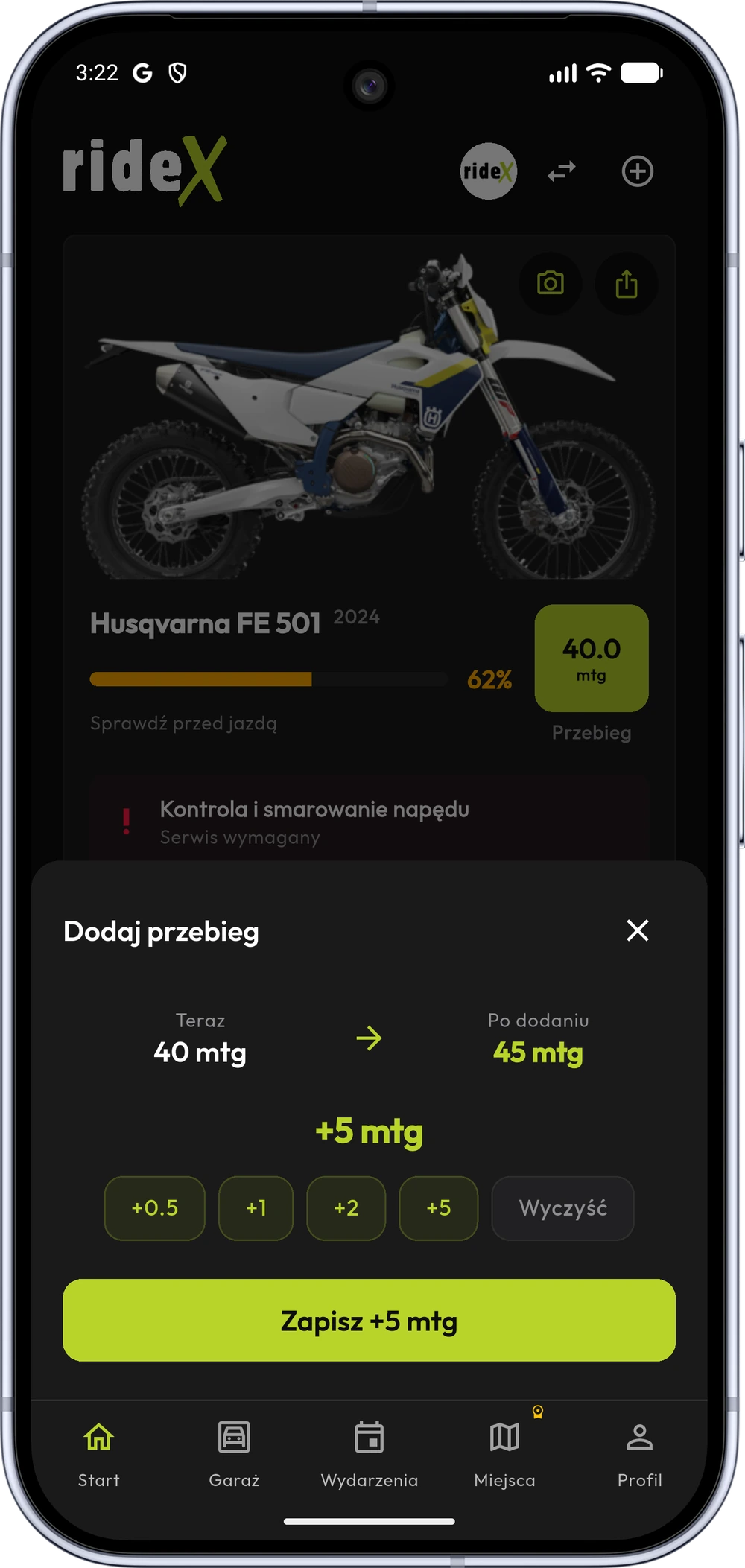 Odczyt motogodzin w aplikacji rideX