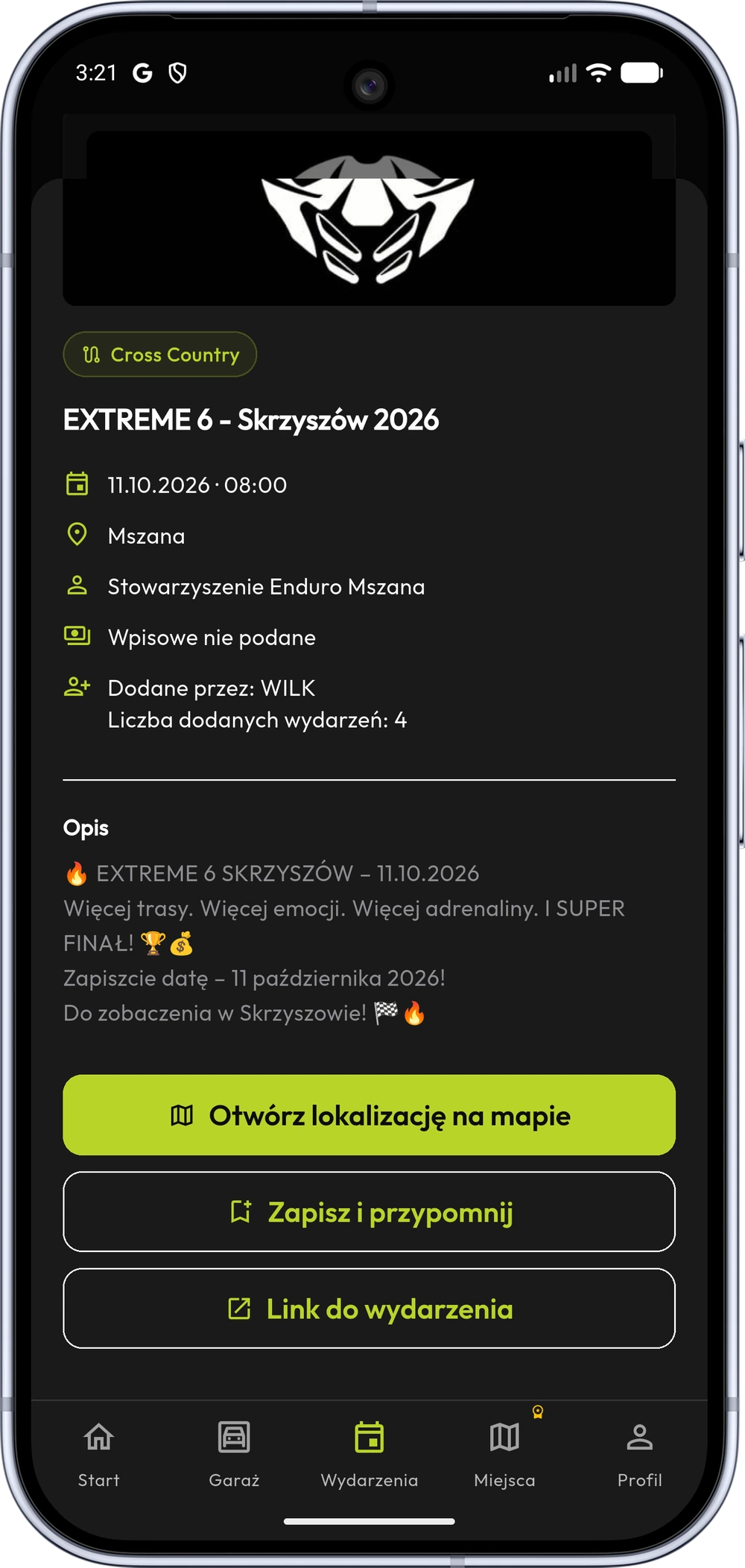 Szczegóły wydarzenia w aplikacji rideX