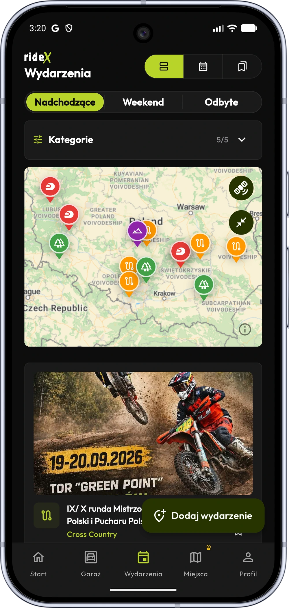 Mapa wydarzeń w aplikacji rideX