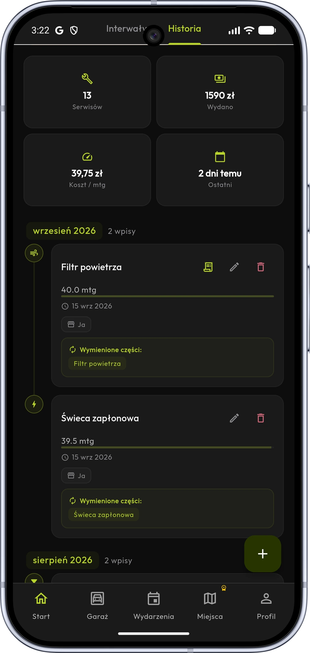 Historia wydatków w aplikacji rideX