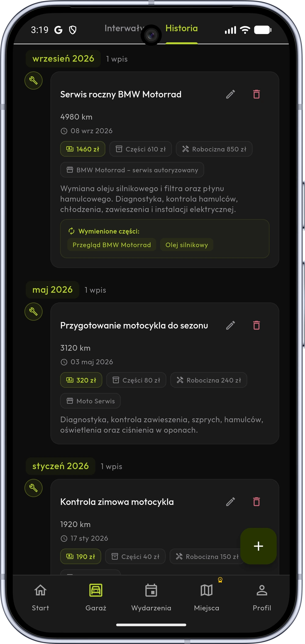 Historia przebiegu w aplikacji rideX