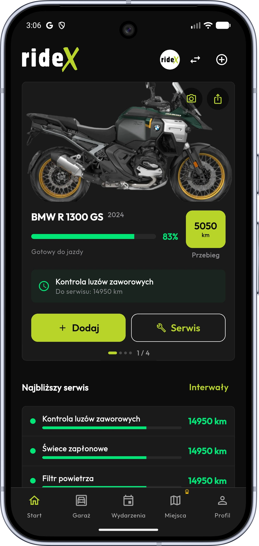 Przebieg w kilometrach w aplikacji rideX