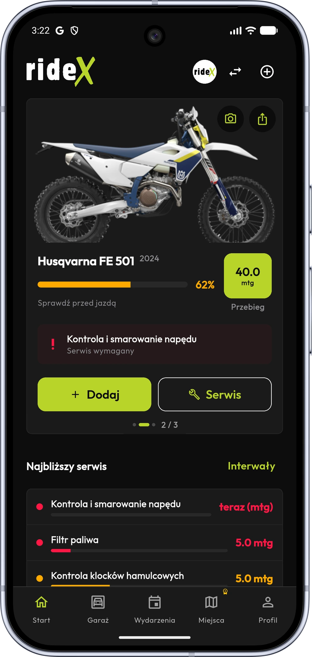 Motogodziny i serwis w aplikacji rideX