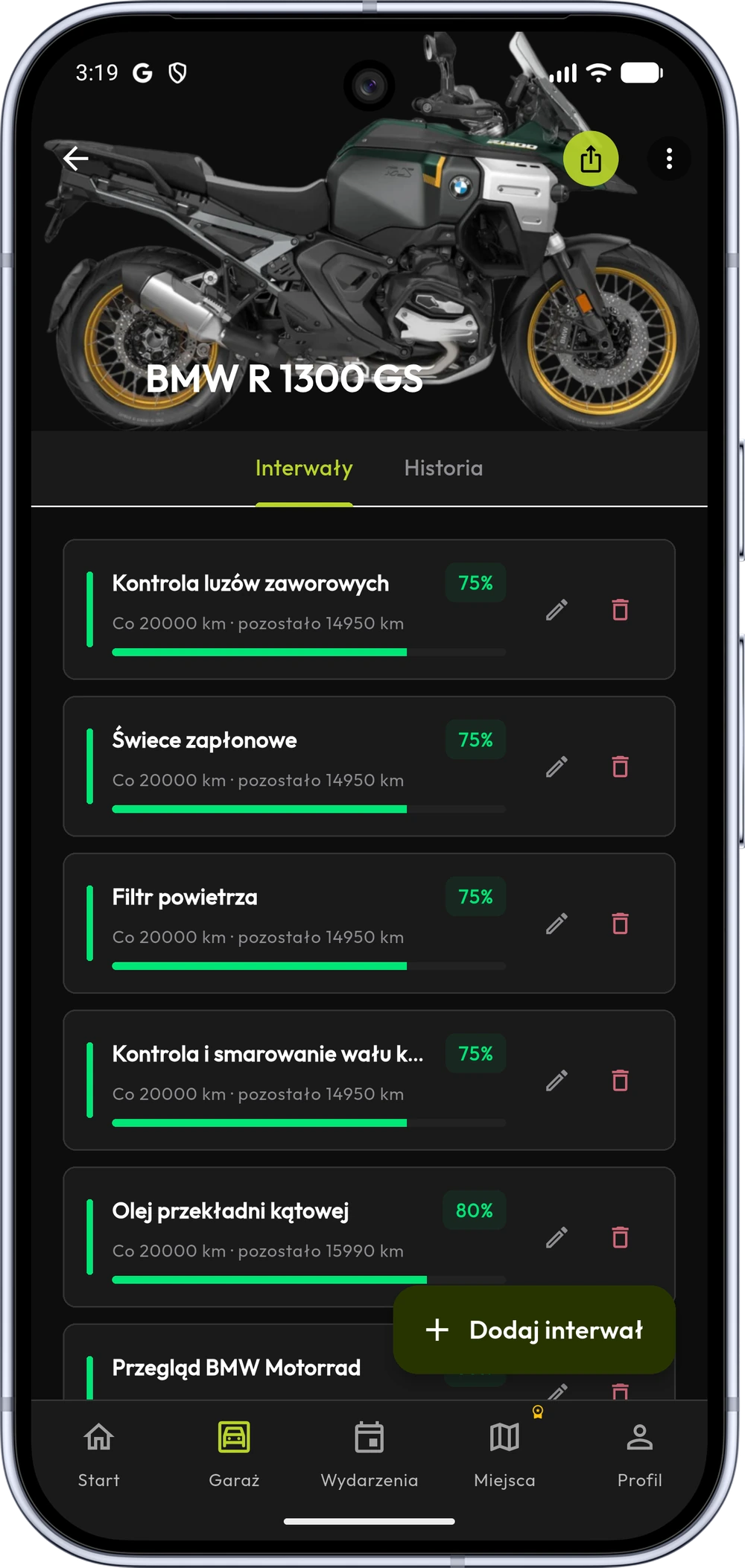 Interwały serwisowe w aplikacji rideX