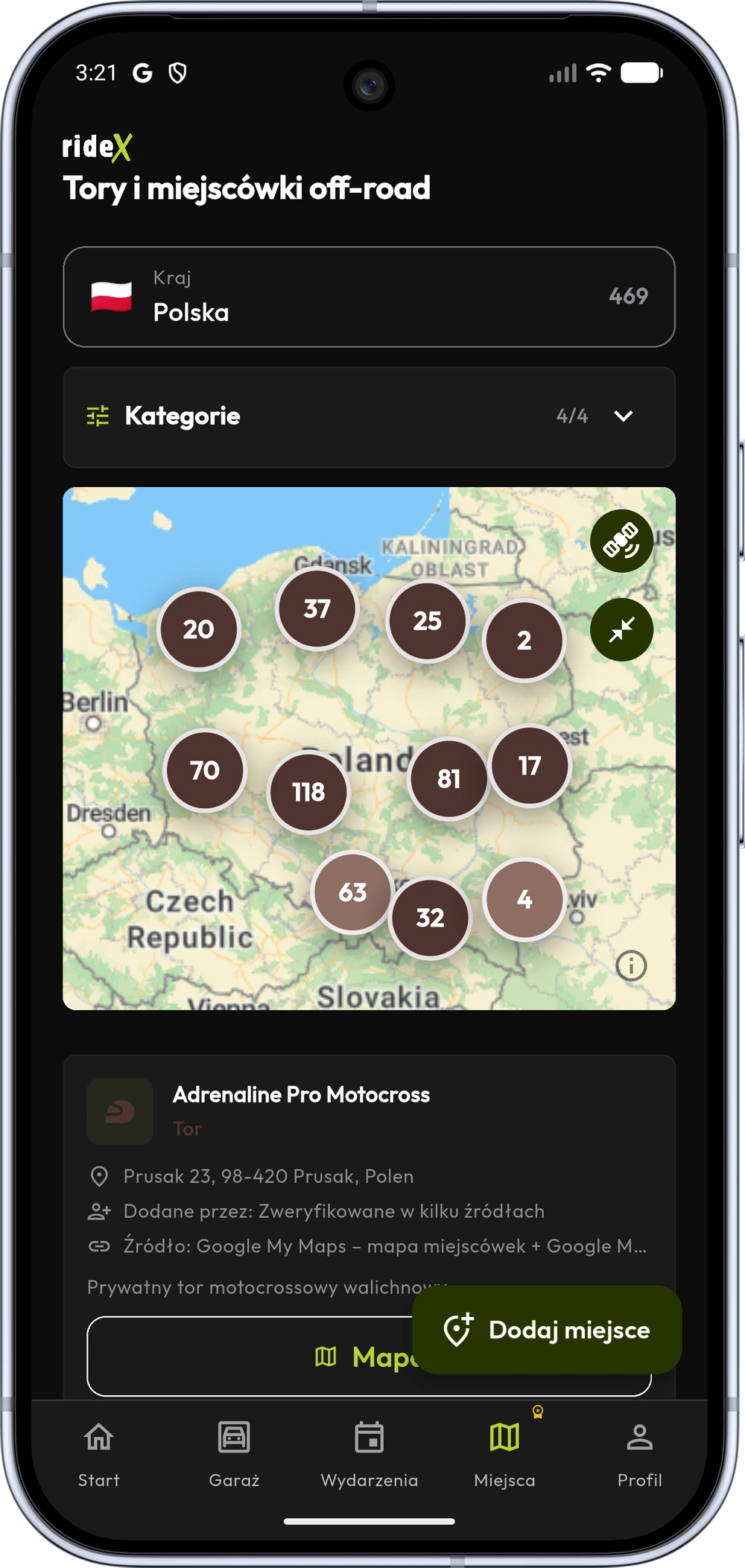 Miejscówki off-road w aplikacji rideX