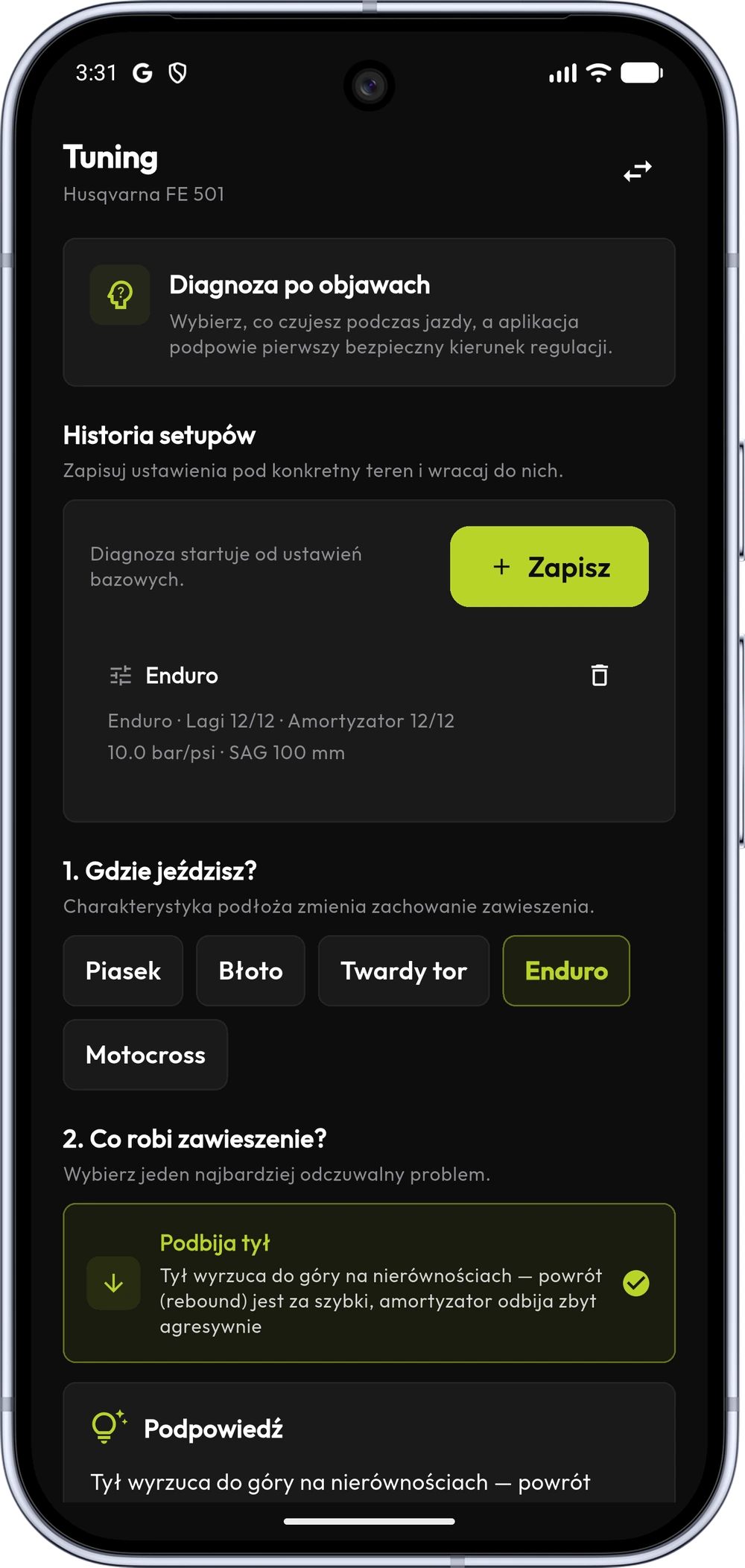 Ustawienia zawieszenia w aplikacji rideX